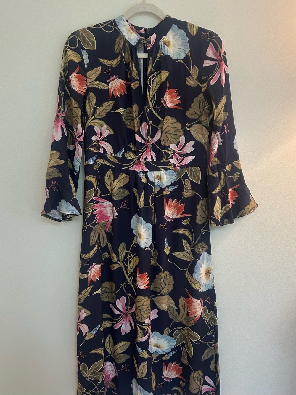 Ann Taylor Womens Size 4 Navy Floral Bell Sleeve Midi Dress Cottagecore Boho